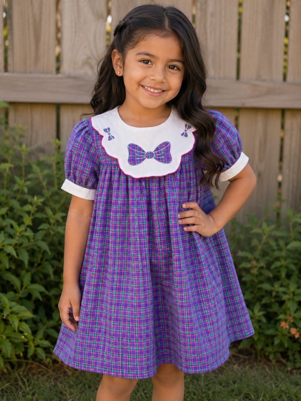 Vintage Alyssa Purple Gingham Plaid Bow Detail Bibbed Babydoll Dress Sz. 6X